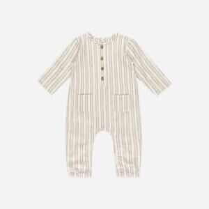 Rylee + Cru Cream + Brown Striped Long SLeeve Woven Jumpsuit 18-24 Months